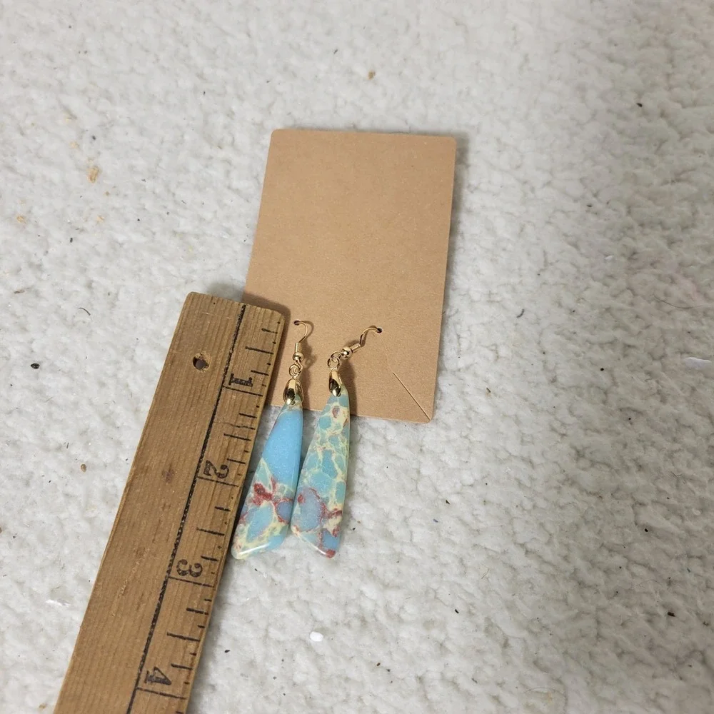 Blue Stone Look Triangle Dangle Earrings Gold Tone Hook Boho Marble Jasper Style